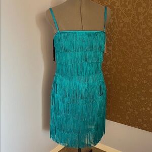 Phoebe Couture Teal Fringe Mini Dress